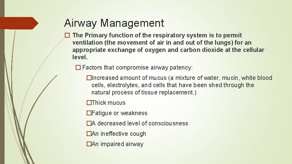 Airway Management � The Primary function of the respiratory system is to permit ventilation