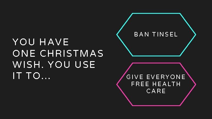 15 Christmas wish YOU HAVE ONE CHRISTMAS WISH. YOU USE IT TO… BAN TINSEL 15 Christmas wish YOU HAVE ONE CHRISTMAS WISH. YOU USE IT TO… BAN TINSEL
