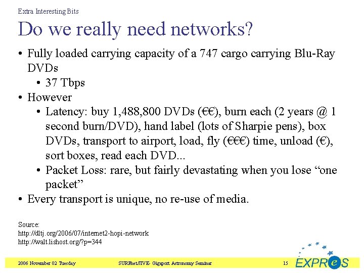 Extra Interesting Bits Do we really need networks? • Fully loaded carrying capacity of