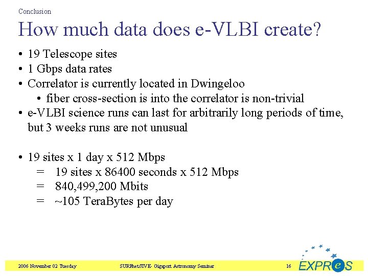 Conclusion How much data does e-VLBI create? • 19 Telescope sites • 1 Gbps