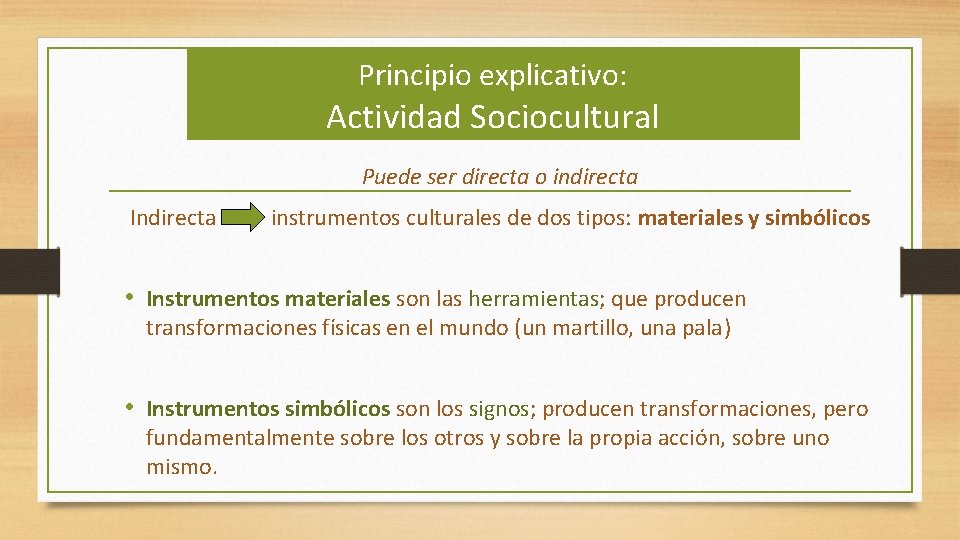 Principio explicativo: Actividad Sociocultural Puede ser directa o indirecta Indirecta instrumentos culturales de dos