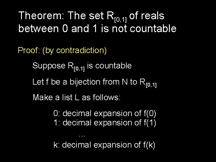 Theorem: The set R[0, 1] of reals between 0 and 1 is not countable