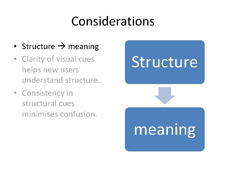 Considerations • Structure meaning • Clarity of visual cues helps new users understand structure.