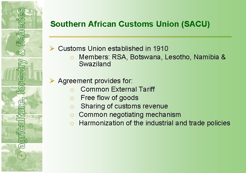 Southern African Customs Union (SACU) Ø Customs Union established in 1910 o Members: RSA,