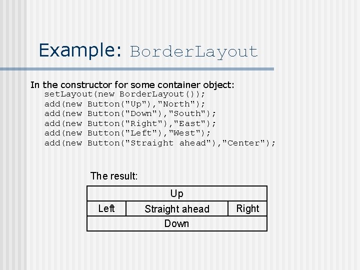 Example: Border. Layout In the constructor for some container object: set. Layout(new Border. Layout());