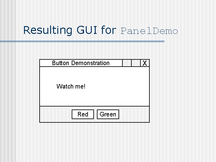 Resulting GUI for Panel. Demo Button Demonstration Watch me! Red Green X 