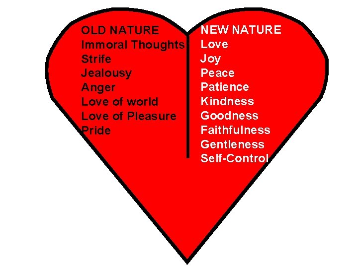 OLD NATURE Immoral Thoughts Strife Jealousy Anger Love of world Love of Pleasure Pride