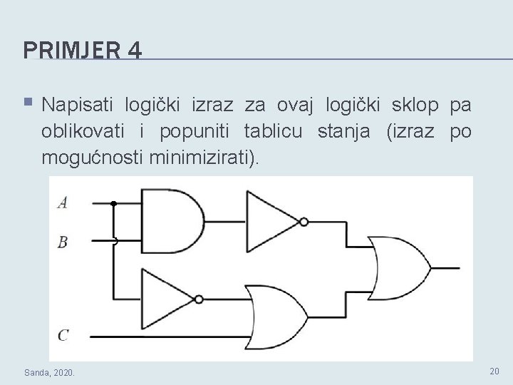 PRIMJER 4 § Napisati logički izraz za ovaj logički sklop pa oblikovati i popuniti