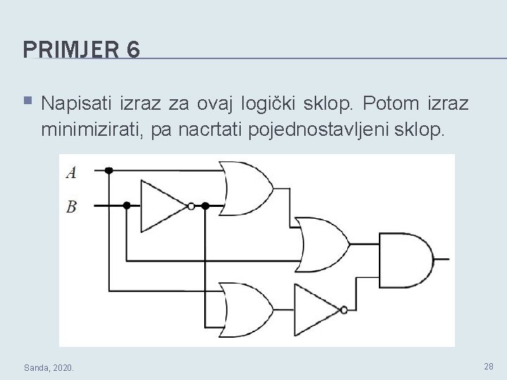 PRIMJER 6 § Napisati izraz za ovaj logički sklop. Potom izraz minimizirati, pa nacrtati