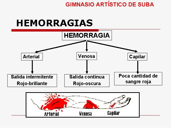 GIMNASIO ARTÍSTICO DE SUBA HEMORRAGIAS HEMORRAGIA Arterial Venosa Capilar Salida intermitente Rojo-brillante Salida continua