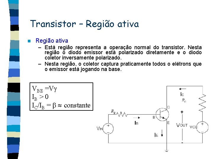 Transistor – Região ativa n Região ativa – Está região representa a operação normal