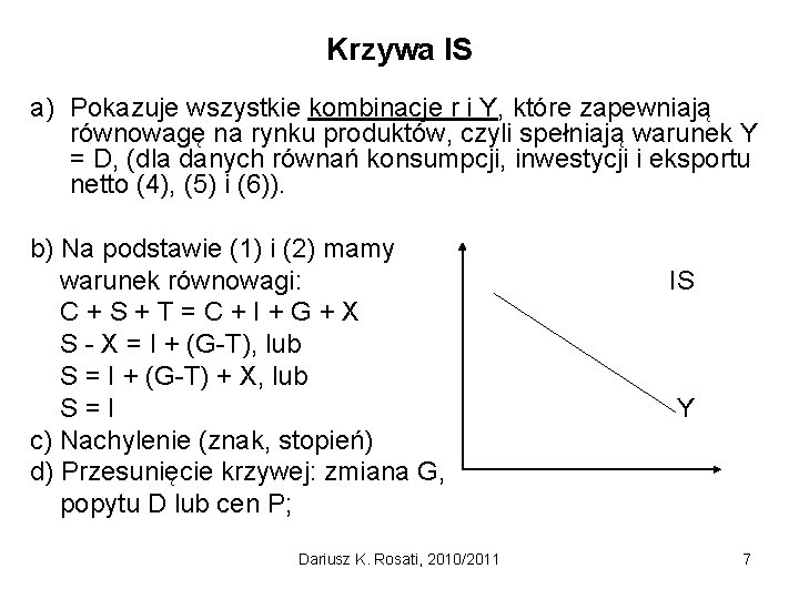 Krzywa IS a) Pokazuje wszystkie kombinacje r i Y, które zapewniają równowagę na rynku