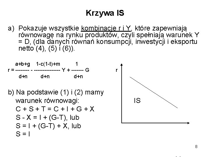 Krzywa IS a) Pokazuje wszystkie kombinacje r i Y, które zapewniają równowagę na rynku