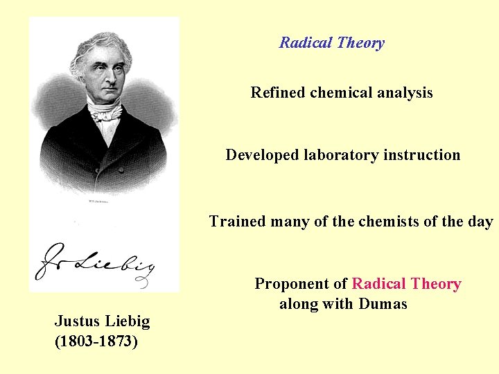 Radical Theory Refined chemical analysis Developed laboratory instruction Trained many of the chemists of