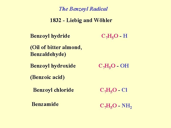 The Benzoyl Radical 1832 - Liebig and Wöhler Benzoyl hydride C 7 H 5