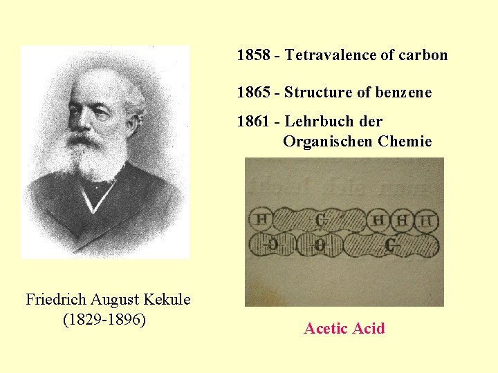 1858 - Tetravalence of carbon 1865 - Structure of benzene 1861 - Lehrbuch der