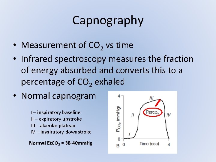 Capnography • Measurement of CO 2 vs time • Infrared spectroscopy measures the fraction Capnography • Measurement of CO 2 vs time • Infrared spectroscopy measures the fraction