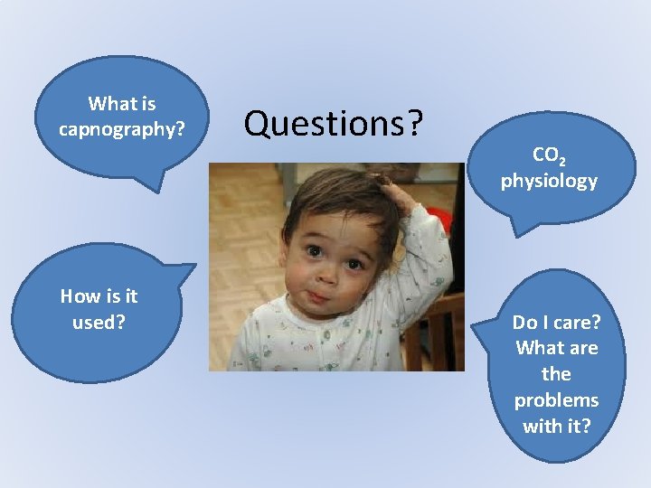 What is capnography? How is it used? Questions? CO 2 physiology Do I care? What is capnography? How is it used? Questions? CO 2 physiology Do I care?