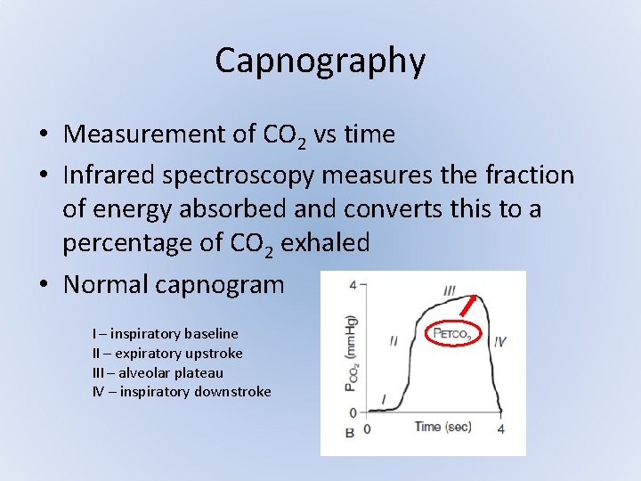 Capnography • Measurement of CO 2 vs time • Infrared spectroscopy measures the fraction Capnography • Measurement of CO 2 vs time • Infrared spectroscopy measures the fraction