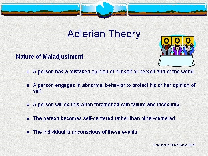 Adlerian Theory Nature of Maladjustment v A person has a mistaken opinion of himself