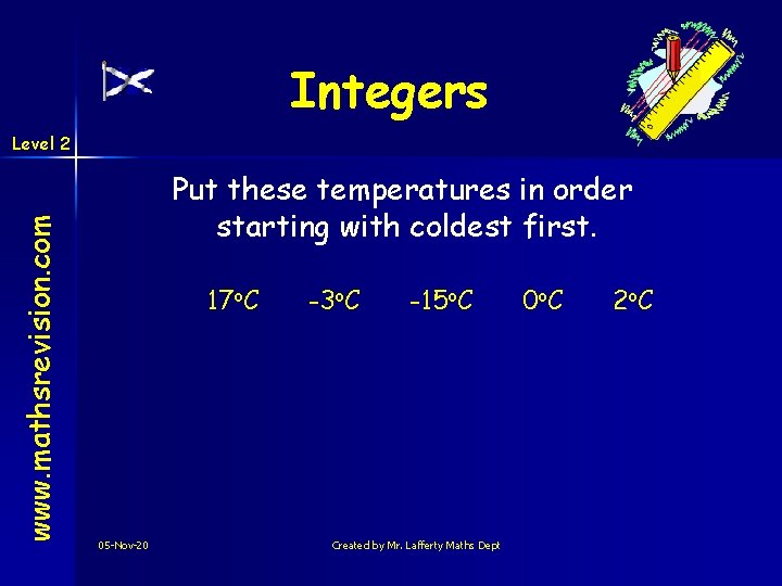 Integers www. mathsrevision. com Level 2 Put these temperatures in order starting with coldest