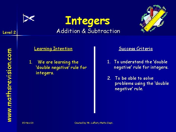 Integers Addition & Subtraction www. mathsrevision. com Level 2 Learning Intention 1. 05 -Nov-20