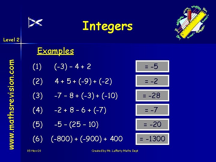 Integers Level 2 www. mathsrevision. com Examples (1) (-3) – 4 + 2 =