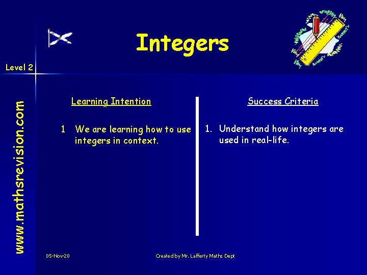 Integers www. mathsrevision. com Level 2 Learning Intention 1 05 -Nov-20 Success Criteria We