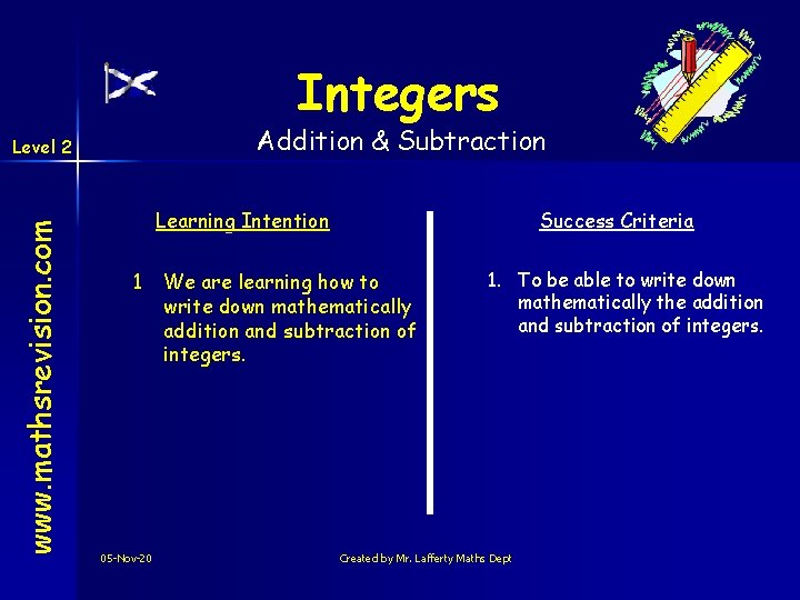Integers Addition & Subtraction www. mathsrevision. com Level 2 Learning Intention 1 05 -Nov-20