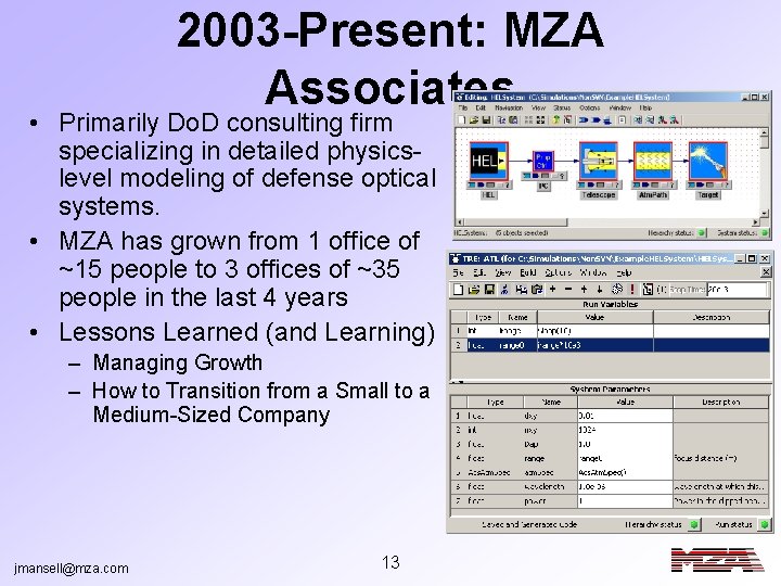 2003 -Present: MZA Associates • Primarily Do. D consulting firm specializing in detailed physicslevel