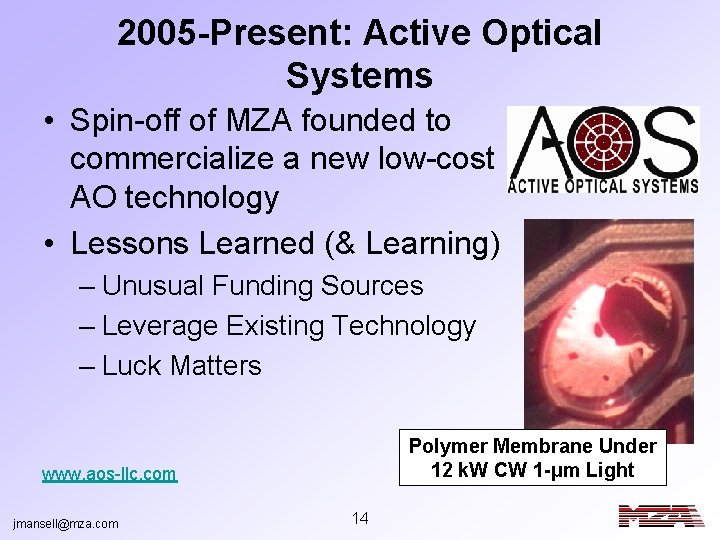 2005 -Present: Active Optical Systems • Spin-off of MZA founded to commercialize a new