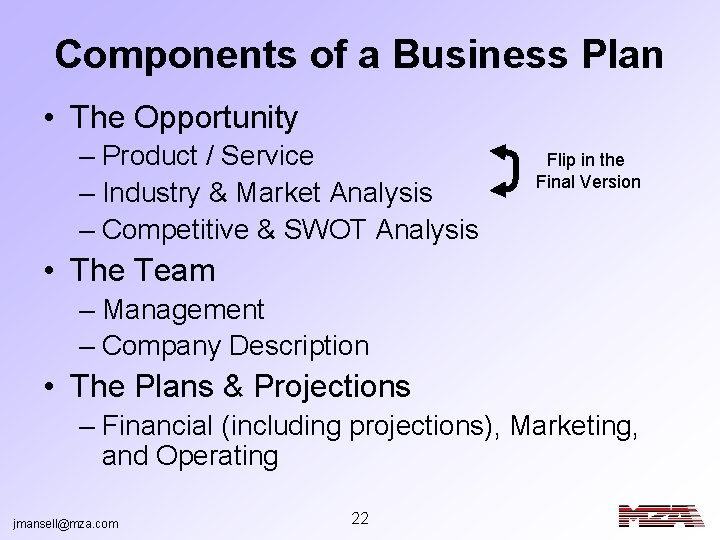 Components of a Business Plan • The Opportunity – Product / Service – Industry