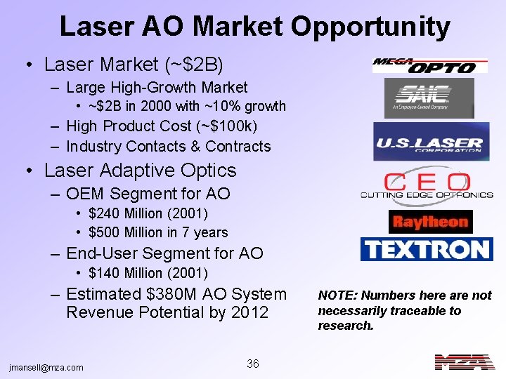 Laser AO Market Opportunity • Laser Market (~$2 B) – Large High-Growth Market •