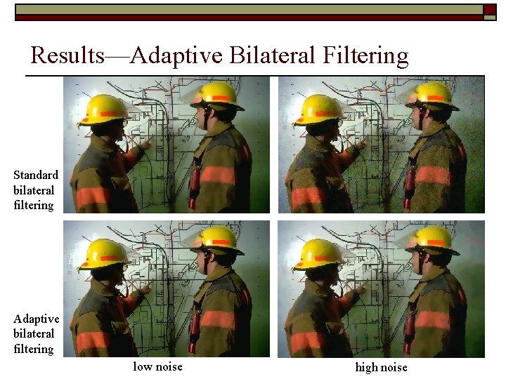 Results—Adaptive Bilateral Filtering Standard bilateral filtering Adaptive bilateral filtering low noise high noise Results—Adaptive Bilateral Filtering Standard bilateral filtering Adaptive bilateral filtering low noise high noise