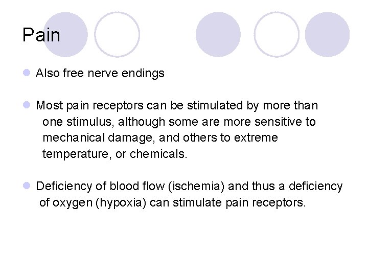 Pain l Also free nerve endings l Most pain receptors can be stimulated by