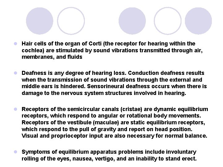 l Hair cells of the organ of Corti (the receptor for hearing within the