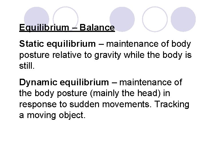 Equilibrium – Balance Static equilibrium – maintenance of body posture relative to gravity while