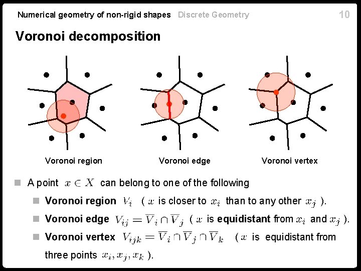 10 Numerical geometry of non-rigid shapes Discrete Geometry Voronoi decomposition Voronoi region n A