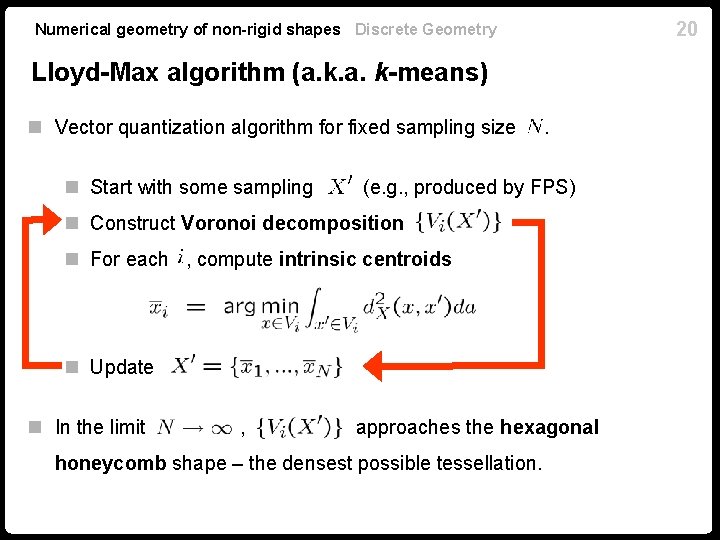 20 Numerical geometry of non-rigid shapes Discrete Geometry Lloyd-Max algorithm (a. k-means) n Vector