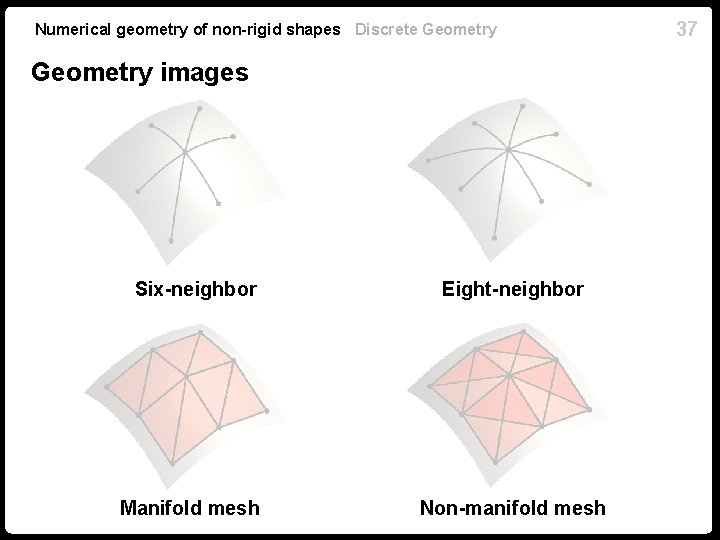 Numerical geometry of non-rigid shapes Discrete Geometry images Six-neighbor Eight-neighbor Manifold mesh Non-manifold mesh