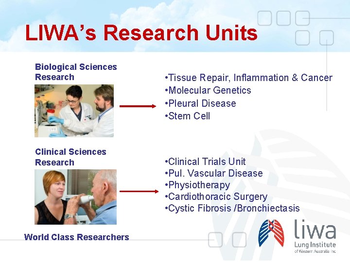 LIWA’s Research Units Biological Sciences Research Clinical Sciences Research World Class Researchers • Tissue