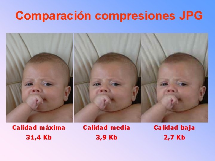 Comparación compresiones JPG Calidad máxima Calidad media Calidad baja 31, 4 Kb 3, 9