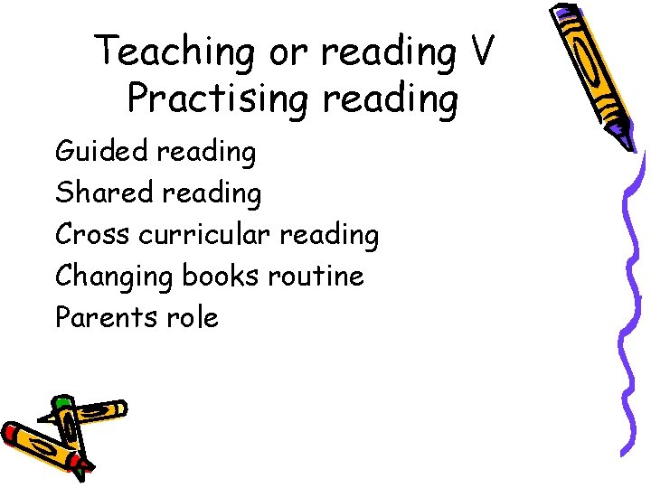 Teaching or reading V Practising reading Guided reading Shared reading Cross curricular reading Changing Teaching or reading V Practising reading Guided reading Shared reading Cross curricular reading Changing