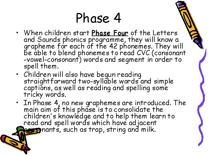 Phase 4 • When children start Phase Four of the Letters and Sounds phonics Phase 4 • When children start Phase Four of the Letters and Sounds phonics