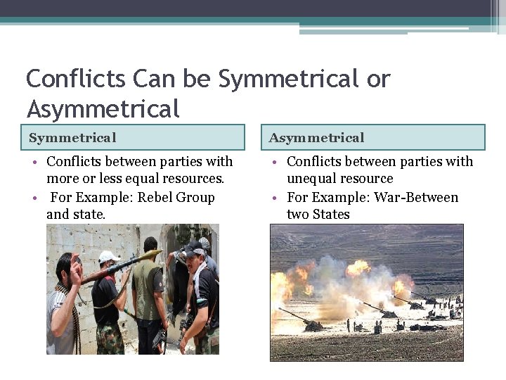 Conflicts Can be Symmetrical or Asymmetrical Symmetrical Asymmetrical • Conflicts between parties with more