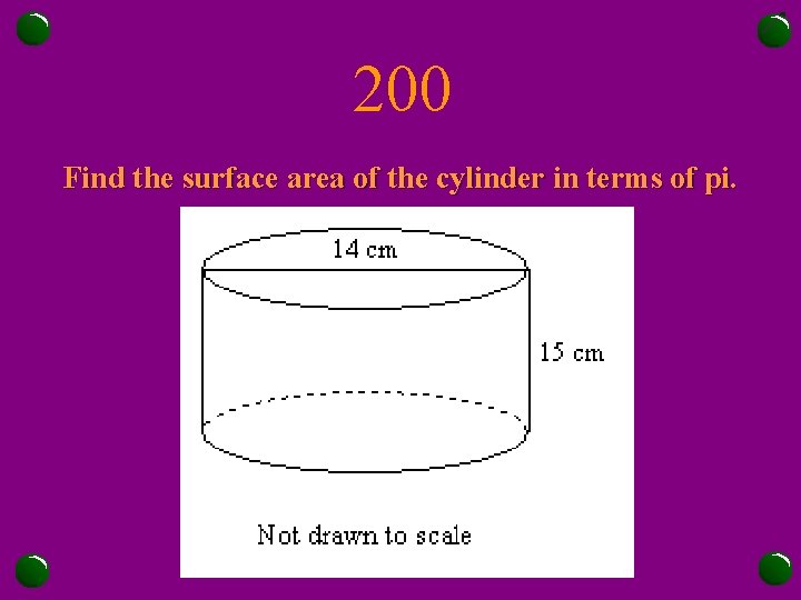 200 Find the surface area of the cylinder in terms of pi. 