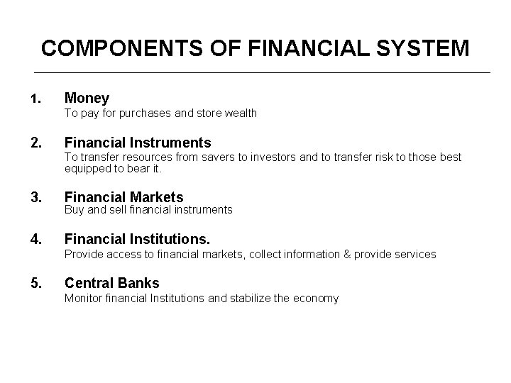 COMPONENTS OF FINANCIAL SYSTEM 1. Money To pay for purchases and store wealth 2.