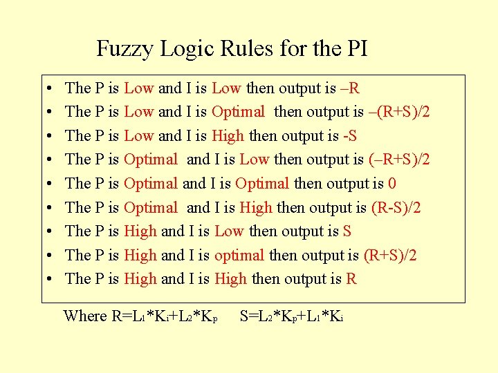 Fuzzy Logic Rules for the PI • • • The P is Low and