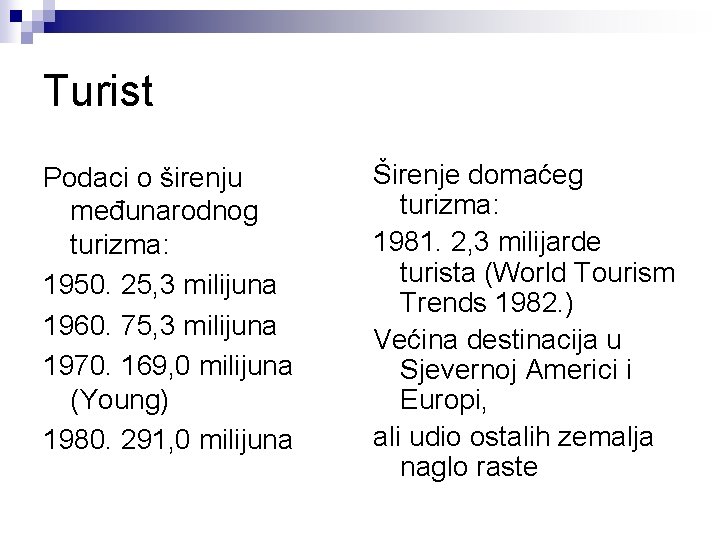 Turist Podaci o širenju međunarodnog turizma: 1950. 25, 3 milijuna 1960. 75, 3 milijuna