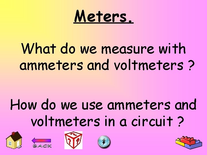 Meters. What do we measure with ammeters and voltmeters ? How do we use